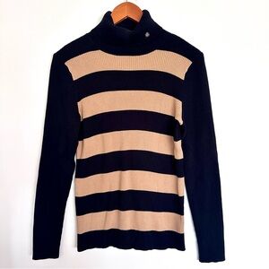 Lauren Ralph Lauren Black & Beige Striped Turtleneck Fitted Sweater Size Large